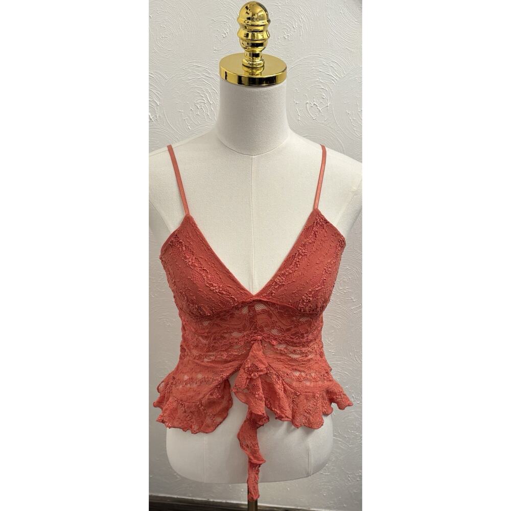 Vintage XOXO Lace Babydoll Cropped Cami Size Large Salmon Ruffle Sheer - Picture 1 of 5